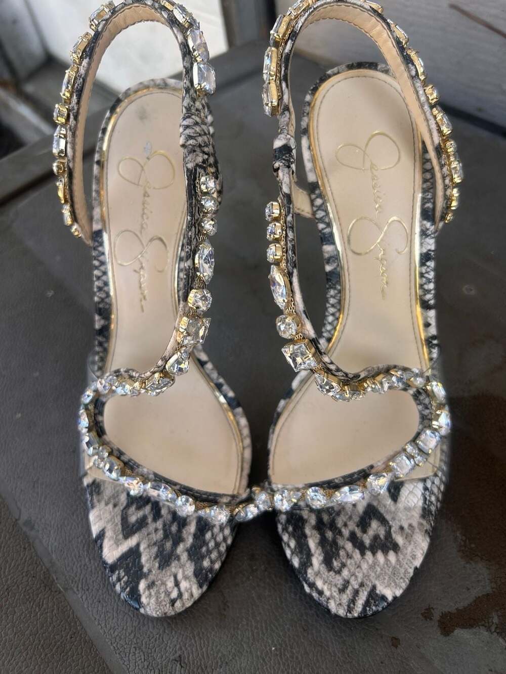 Jessica Simpson Jaycin Snake Print Jewel Embellished Heeled Sandal Size 6.5